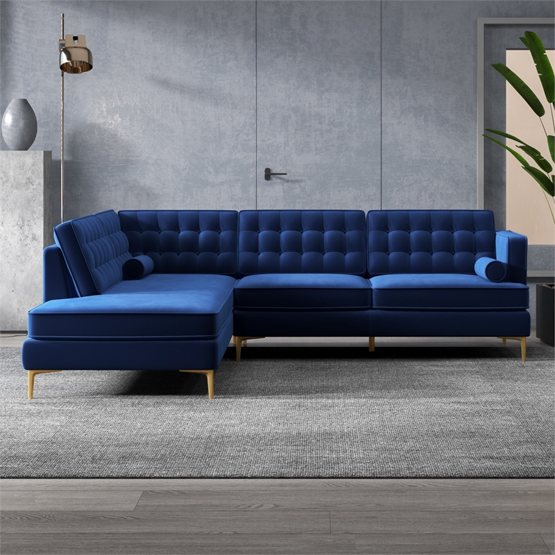 Casa Mid-Century Tufted Tight Back Velvet Left-Facing Sectional in Dark Blue