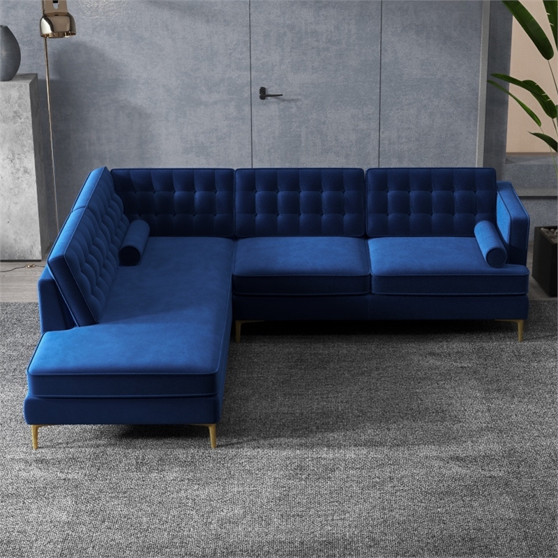 Casa Mid-Century Tufted Tight Back Velvet Left-Facing Sectional in Dark Blue