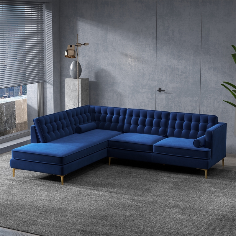 Casa Mid-Century Tufted Tight Back Velvet Left-Facing Sectional in Dark Blue