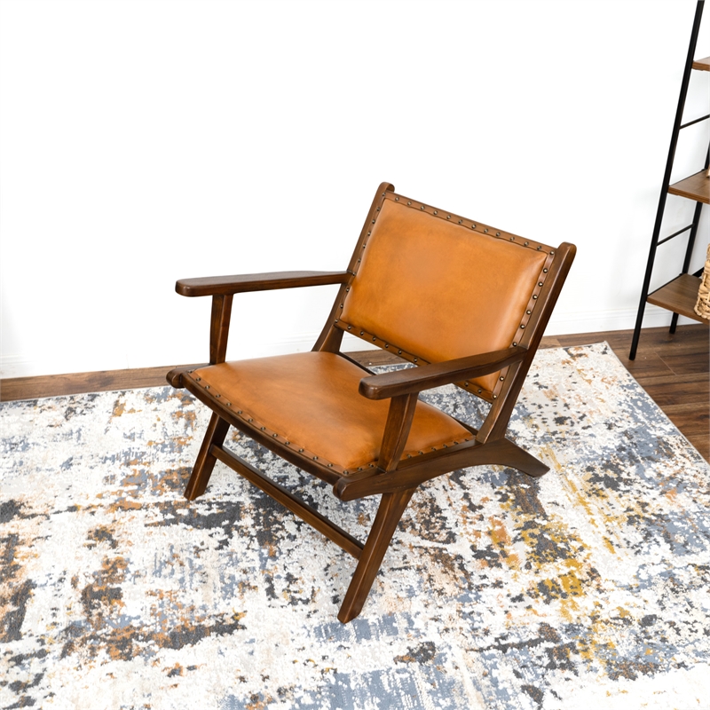 Ananya Genuine Fur Mid Century Furniture Style Leather Armchair in Dark Tan