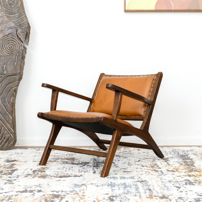 Ananya Genuine Fur Mid Century Furniture Style Leather Armchair in Dark Tan