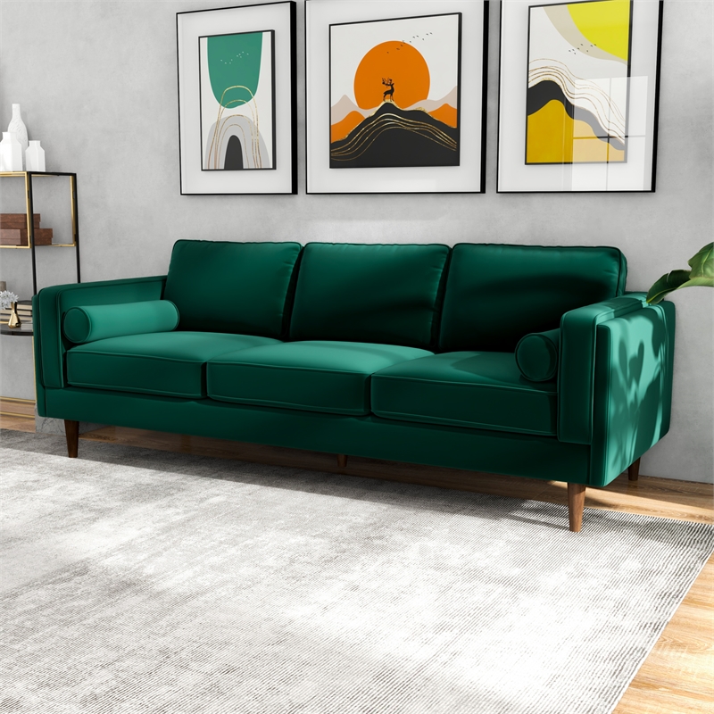 Hill Mid-Century Modern Pillow Back Velvet Sofa in Green
