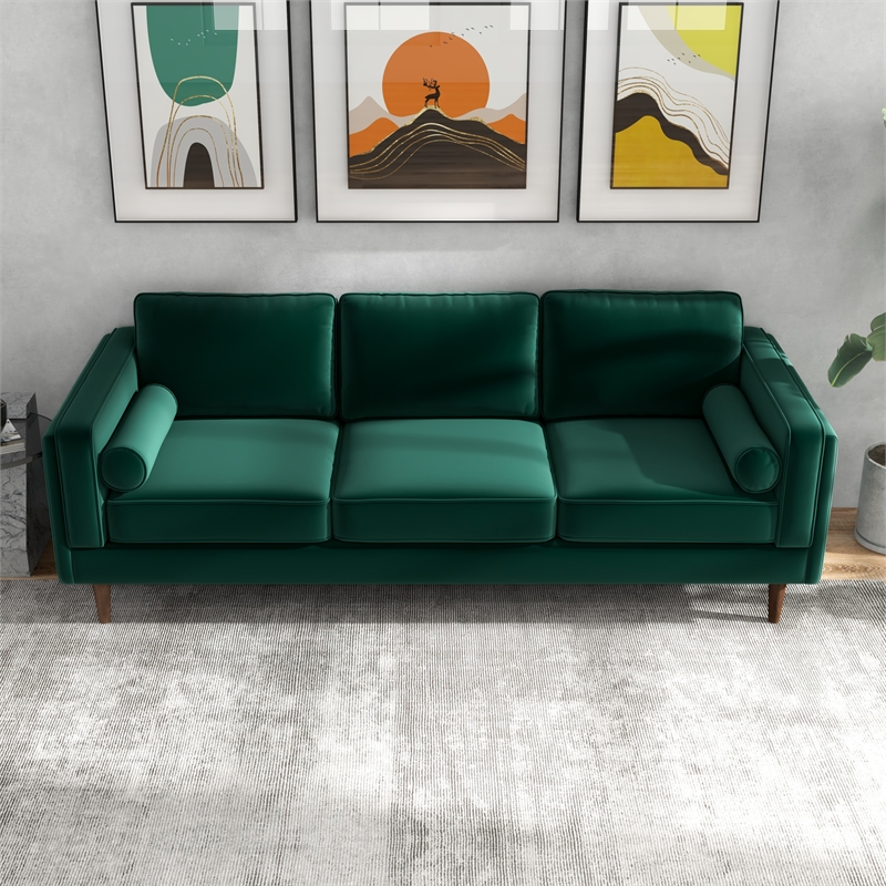 Hill Mid-Century Modern Pillow Back Velvet Sofa in Green
