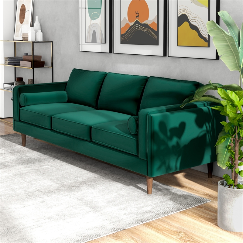 Hill Mid-Century Modern Pillow Back Velvet Sofa in Green