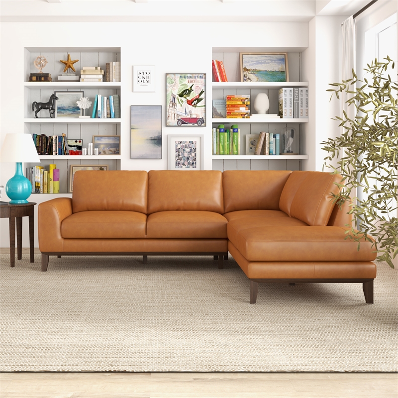 Allestar Living Room L-Shaped Tufted Leather Tan Right-Facing Sectional Sofa
