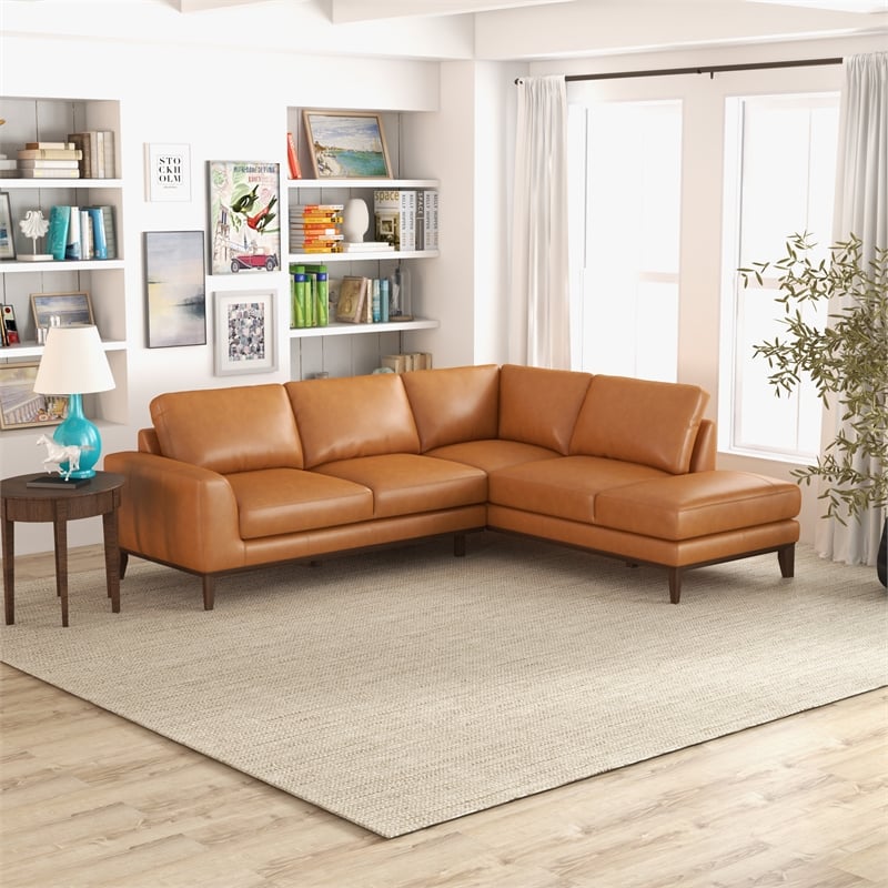 Allestar Living Room L-Shaped Tufted Leather Tan Right-Facing Sectional Sofa