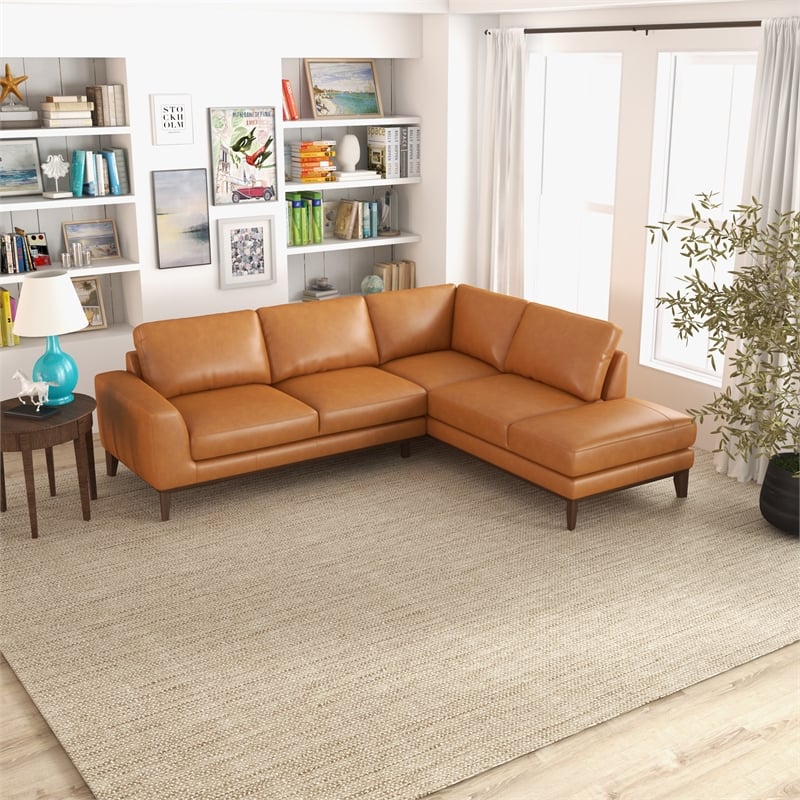 Allestar Living Room L-Shaped Tufted Leather Tan Right-Facing Sectional Sofa
