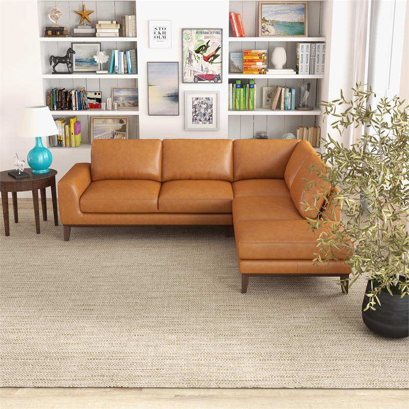 Allestar Living Room L-Shaped Tufted Leather Tan Right-Facing Sectional Sofa