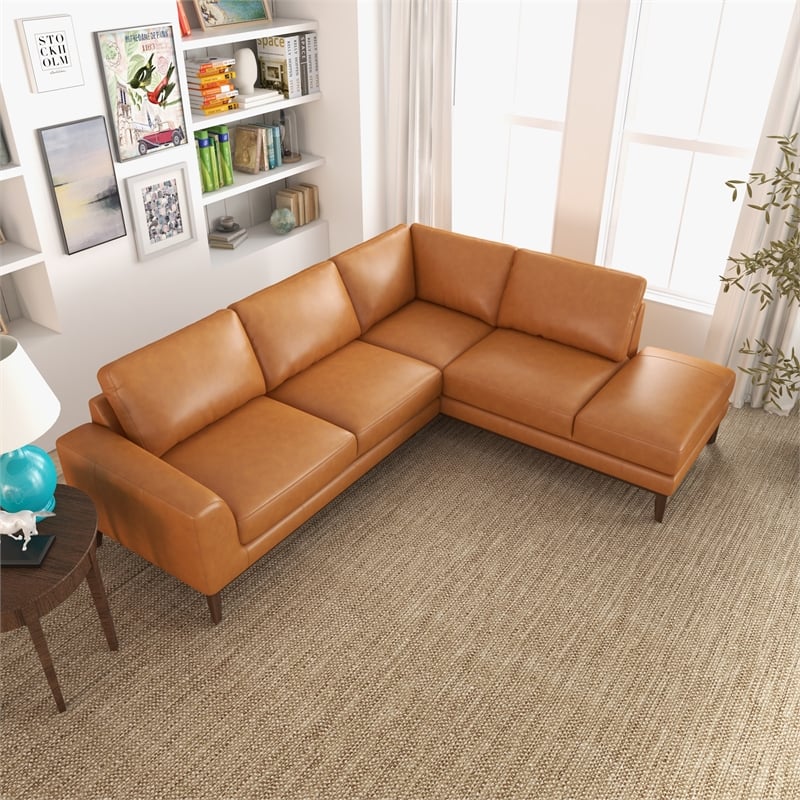 Allestar Living Room L-Shaped Tufted Leather Tan Right-Facing Sectional Sofa