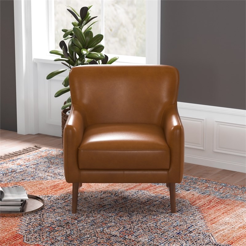 Rosedale Mid-Century Tight Back Genuine Leather Upholstered Lounge Chair in Tan
