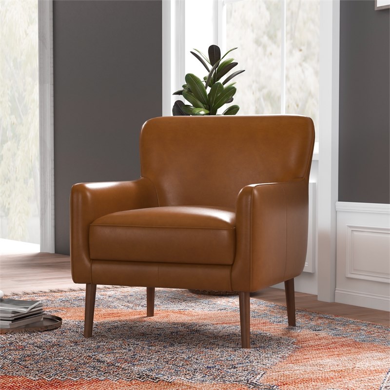 Rosedale Mid-Century Tight Back Genuine Leather Upholstered Lounge Chair in Tan