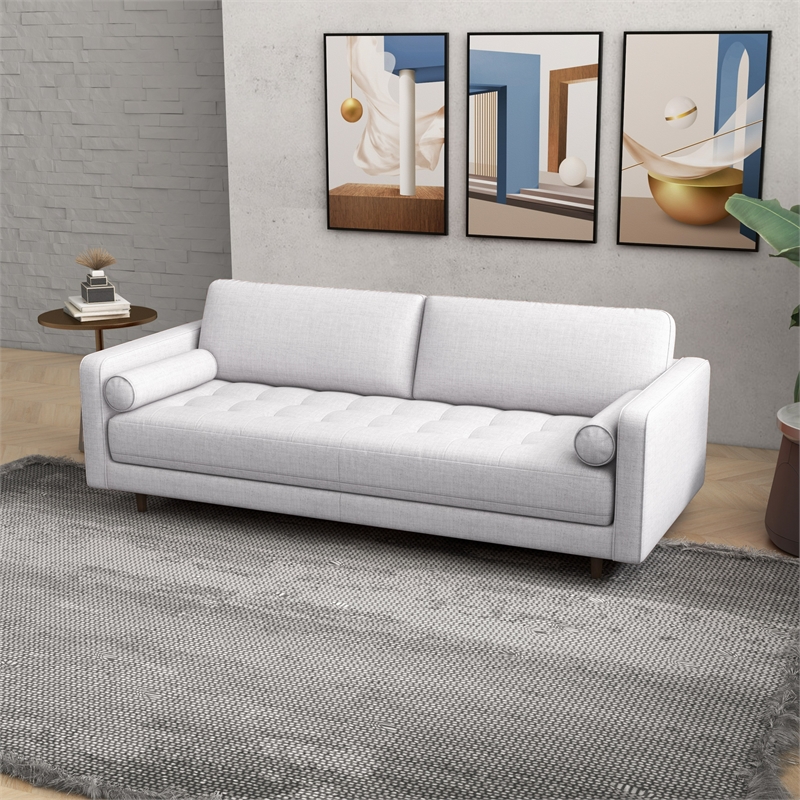 Demi Mid-Century Tufted Cushion Back Fabric Upholstered Sofa in Light Gray