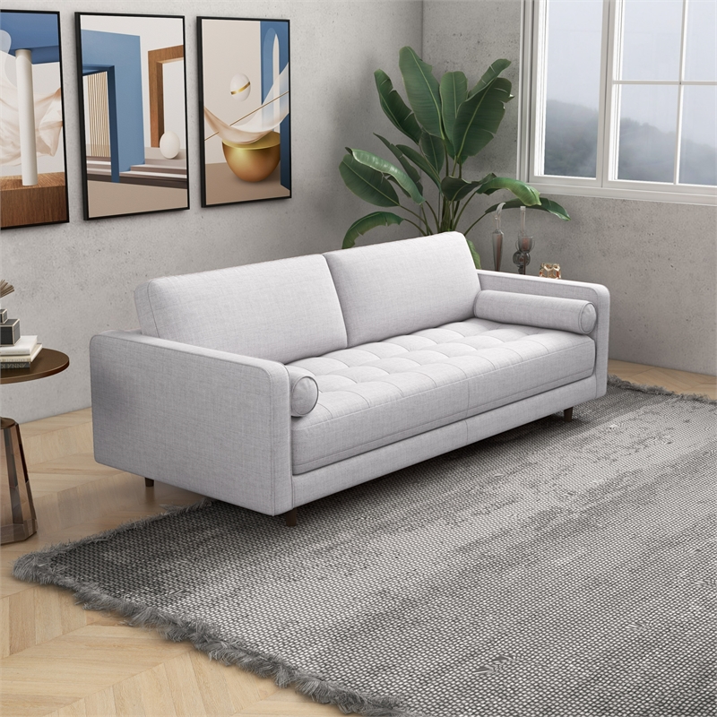 Demi Mid-Century Tufted Cushion Back Fabric Upholstered Sofa in Light Gray