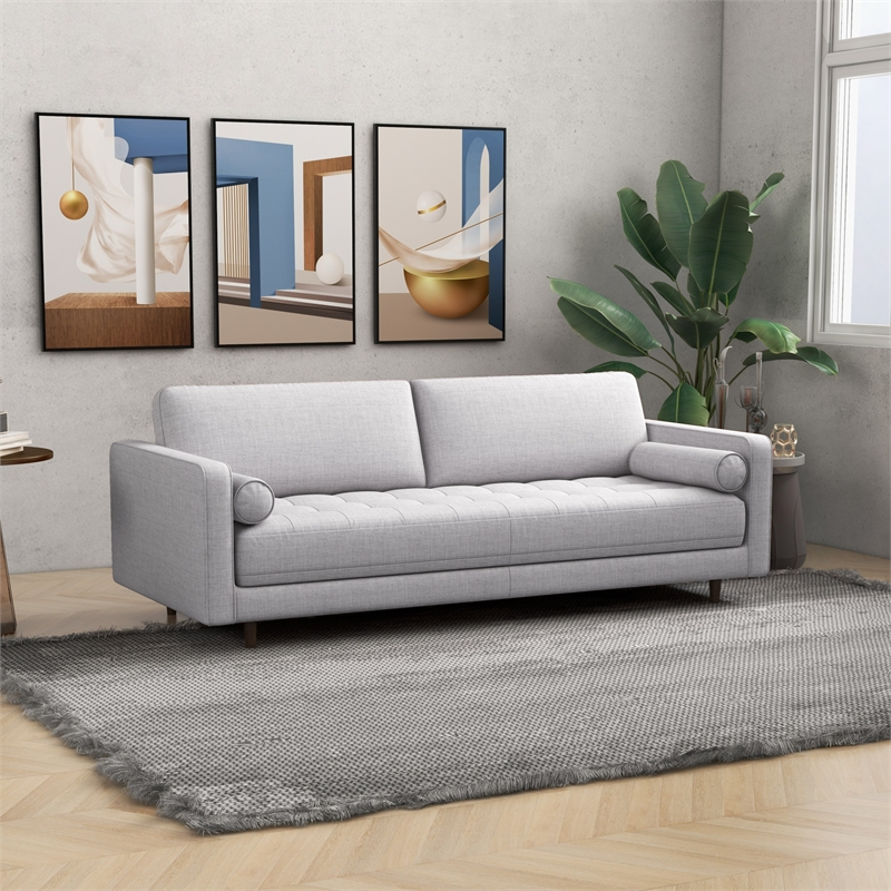 Demi Mid-Century Tufted Cushion Back Fabric Upholstered Sofa in Light Gray