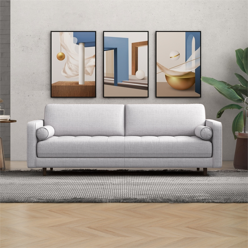 Demi Mid-Century Tufted Cushion Back Fabric Upholstered Sofa in Light Gray