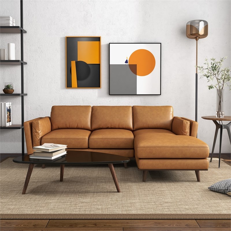 Arena Modern Tufted Living Room Top Leather Corner Sectional Sofa in Tan