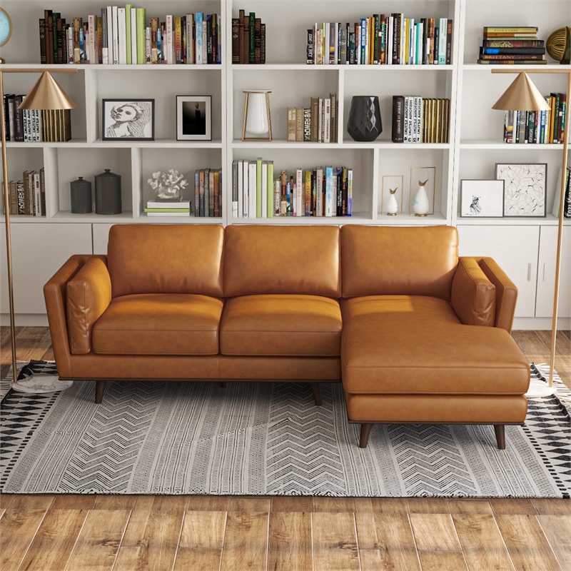 Aromas Mid Century Tufted Living Room Top Leather Corner Sectional Sofa in Tan