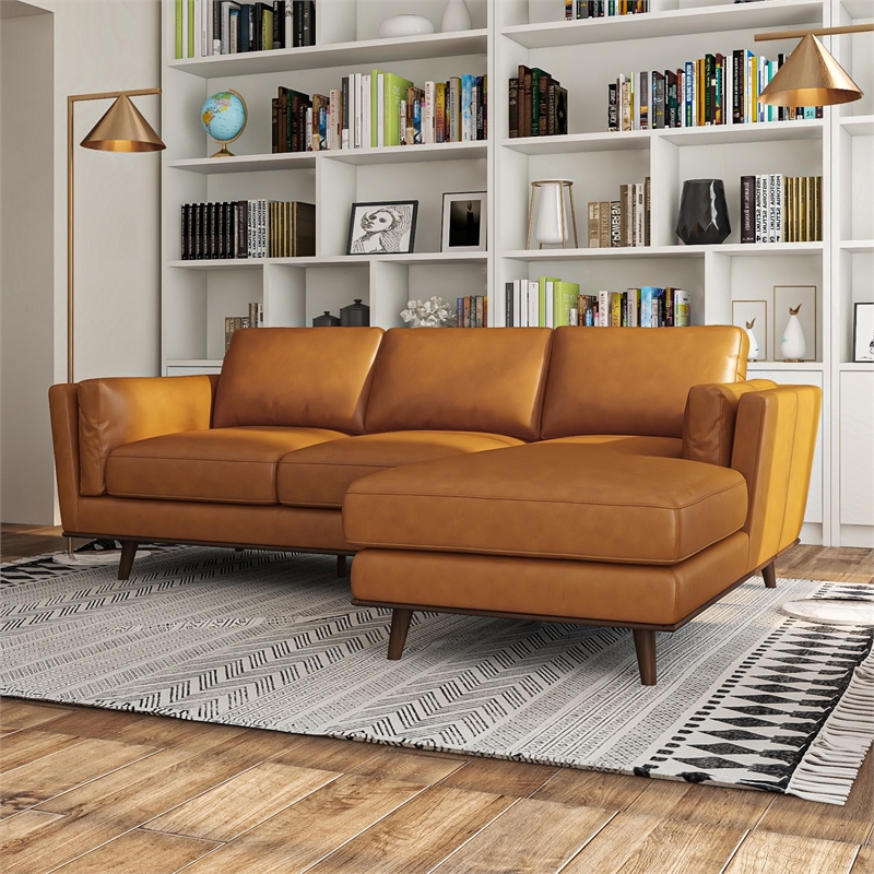 Aromas Mid Century Tufted Living Room Top Leather Corner Sectional Sofa in Tan