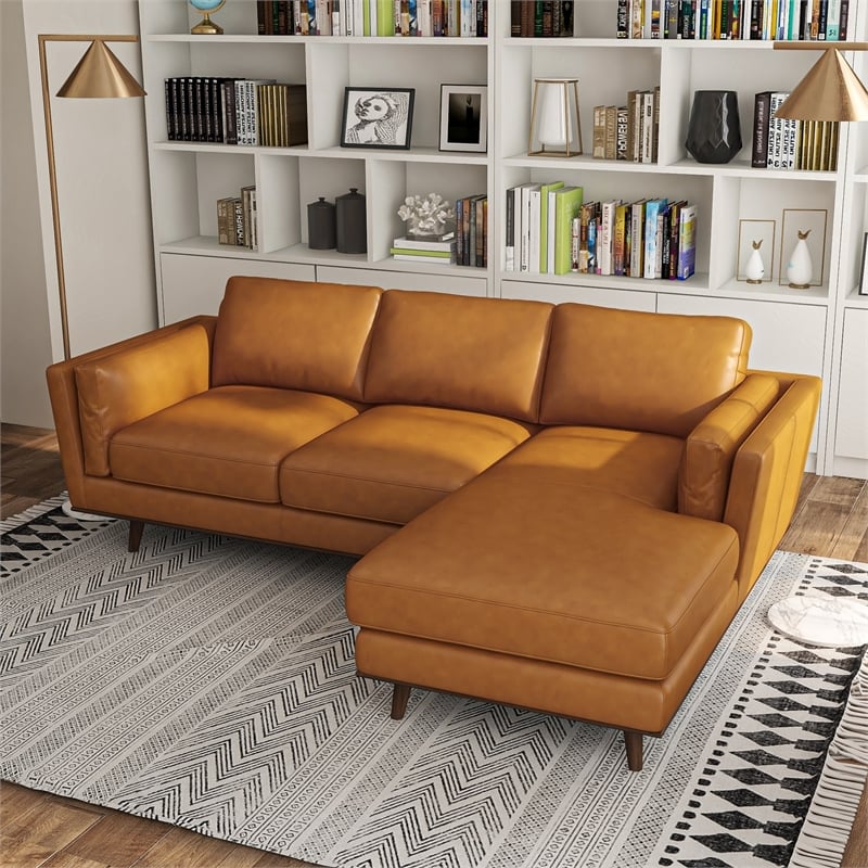 Aromas Mid Century Tufted Living Room Top Leather Corner Sectional Sofa in Tan