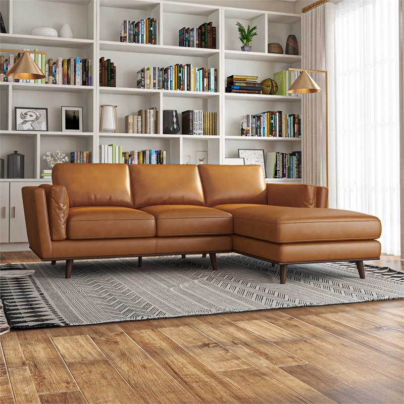 Aromas Mid Century Tufted Living Room Top Leather Corner Sectional Sofa in Tan