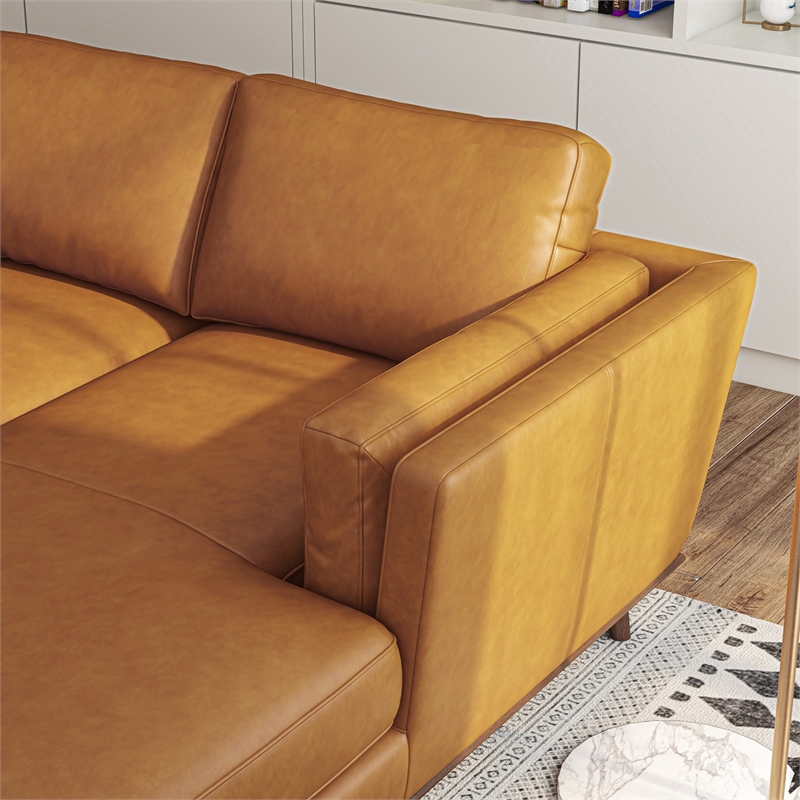 Aromas Mid Century Tufted Living Room Top Leather Corner Sectional Sofa in Tan