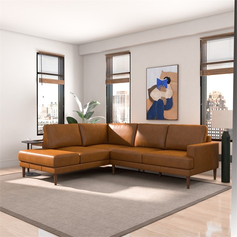 Harlan Pillow Back Genuine Leather Upholstered Left-Facing Sectional in Tan