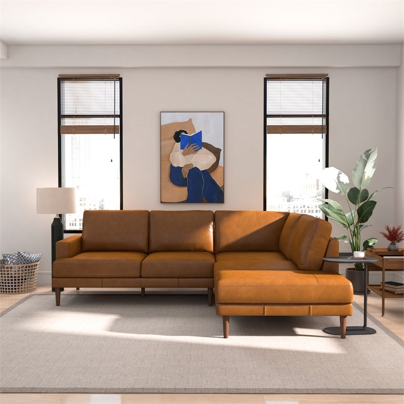 Harlan Pillow Back Genuine Leather Upholstered Right-Facing Sectional in Tan