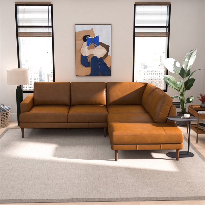 Harlan Pillow Back Genuine Leather Upholstered Right-Facing Sectional in Tan