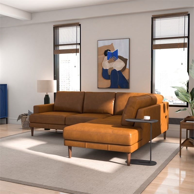 Harlan Pillow Back Genuine Leather Upholstered Right-Facing Sectional in Tan