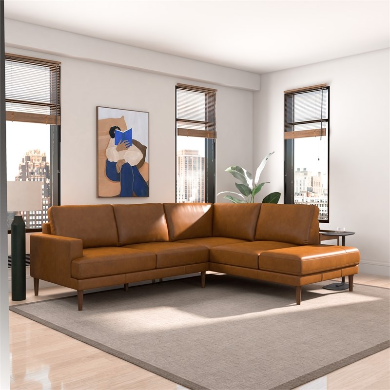 Harlan Pillow Back Genuine Leather Upholstered Right-Facing Sectional in Tan