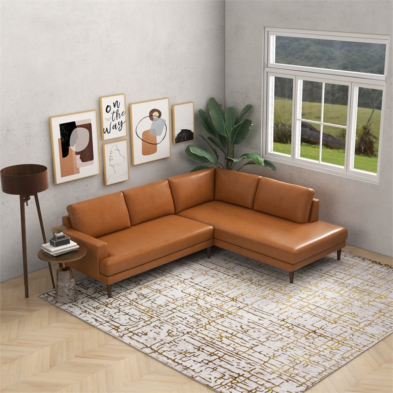 Harmon Pillow Back Genuine Leather Upholstered Right-Facing Sectional in Tan