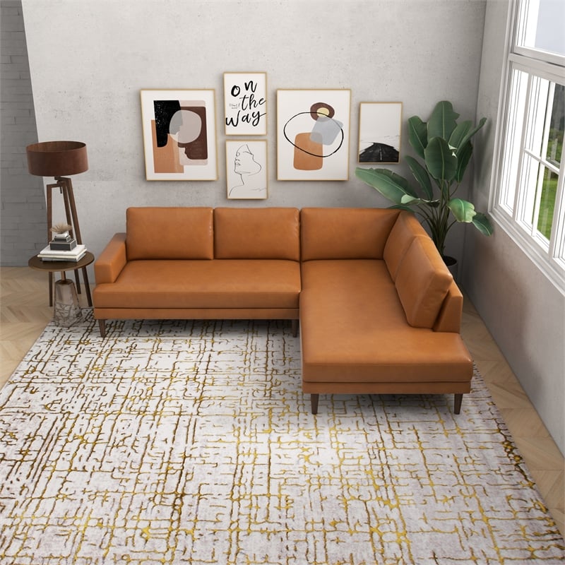 Harmon Pillow Back Genuine Leather Upholstered Right-Facing Sectional in Tan