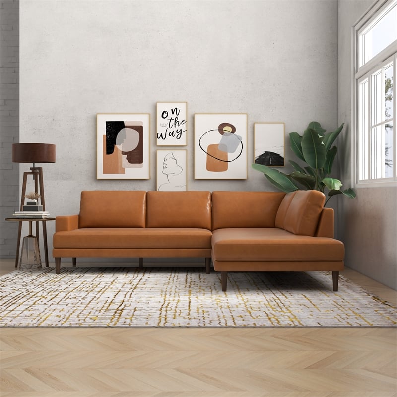 Harmon Pillow Back Genuine Leather Upholstered Right-Facing Sectional in Tan