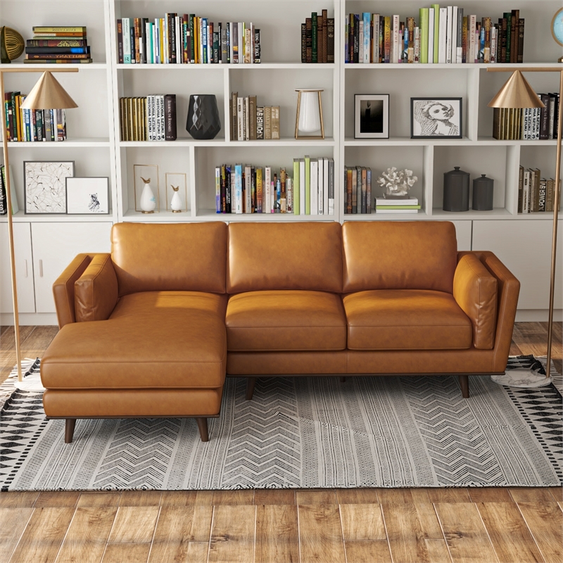 Aromas Mid Century Tufted Living Room Top Leather Corner Sectional Sofa in Tan