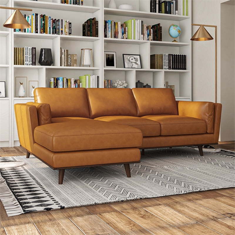 Aromas Mid Century Tufted Living Room Top Leather Corner Sectional Sofa in Tan