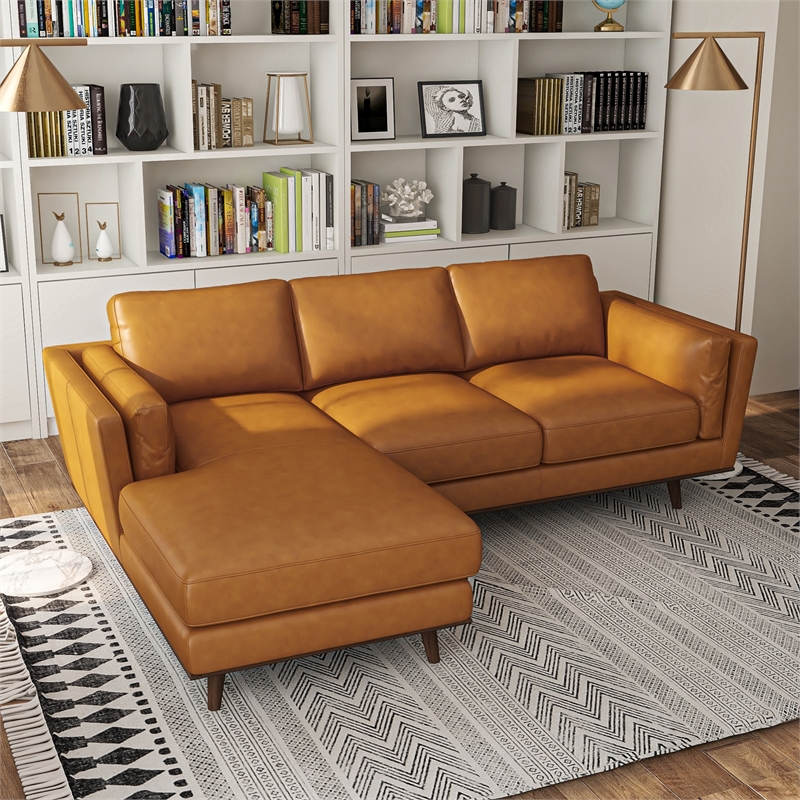Aromas Mid Century Tufted Living Room Top Leather Corner Sectional Sofa in Tan