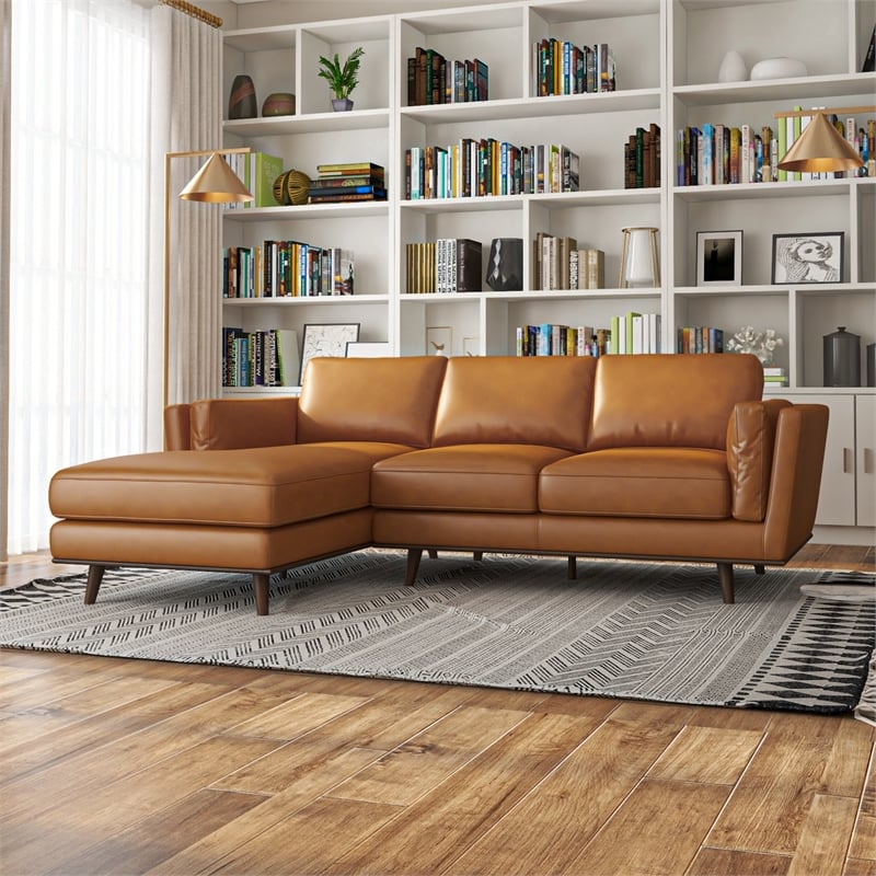 Aromas Mid Century Tufted Living Room Top Leather Corner Sectional Sofa in Tan