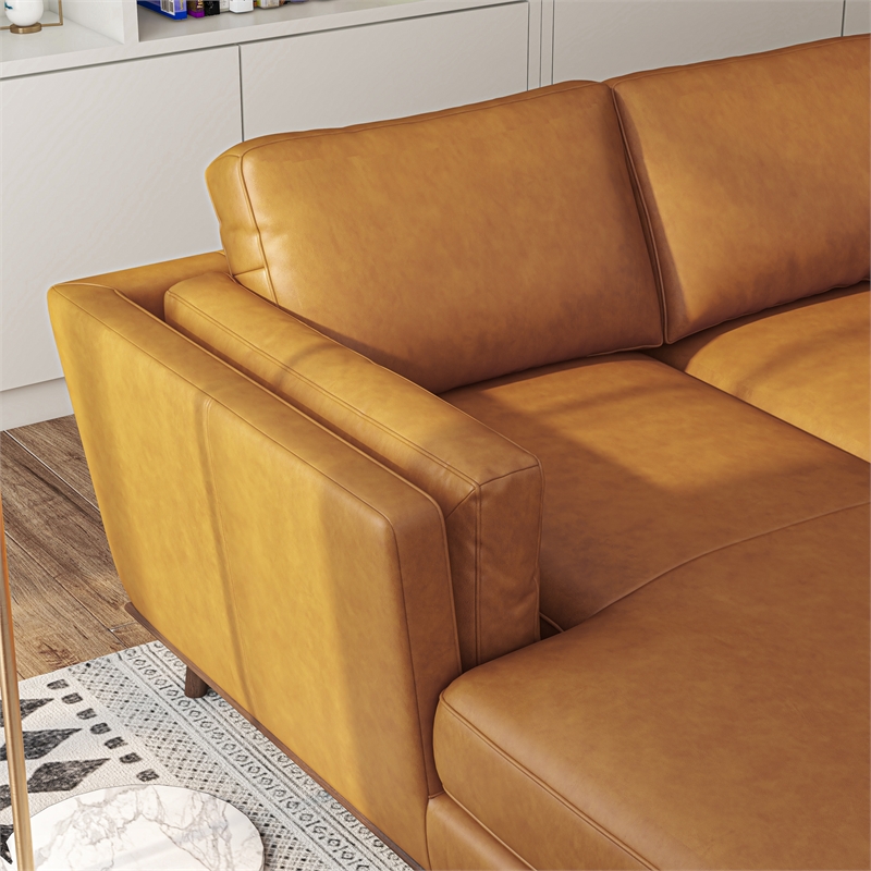 Aromas Mid Century Tufted Living Room Top Leather Corner Sectional Sofa in Tan
