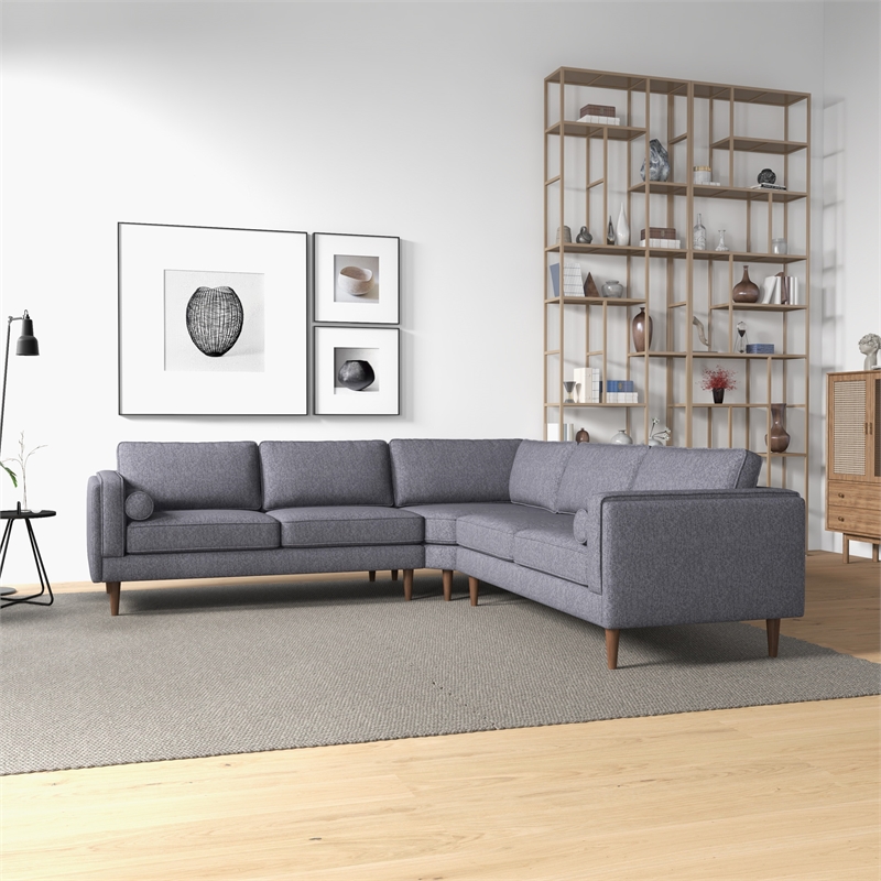 Foreman Mid-Century Pillow Back Fabric Symmetrical Corner Sofa in Dark Gray