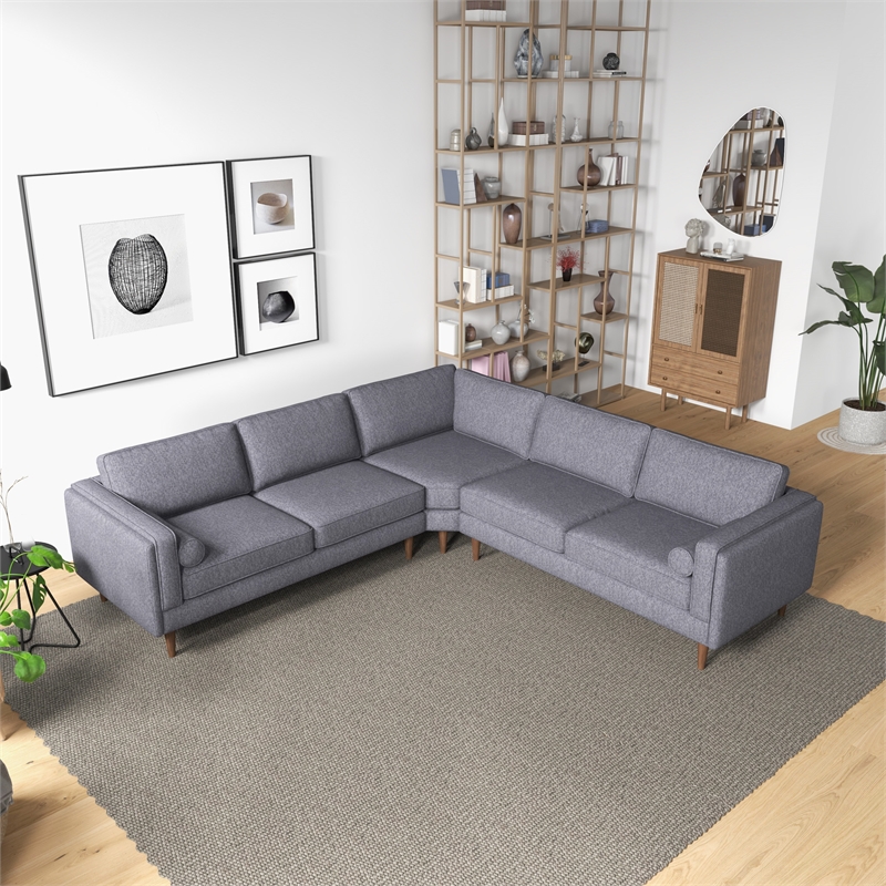 Foreman Mid-Century Pillow Back Fabric Symmetrical Corner Sofa in Dark Gray