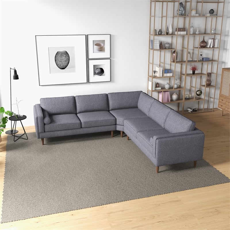 Foreman Mid-Century Pillow Back Fabric Symmetrical Corner Sofa in Dark Gray