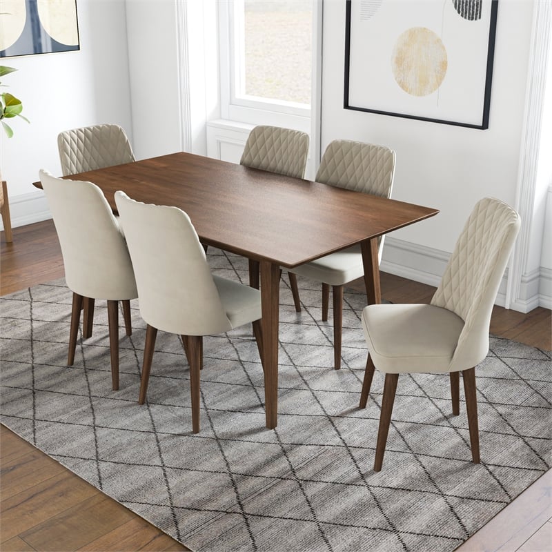 Adel Solid Wood Dining Room Table and Beige Velvet Chair Set