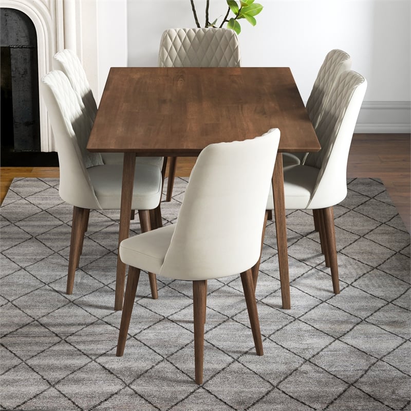 Adel Solid Wood Dining Room Table and Beige Velvet Chair Set