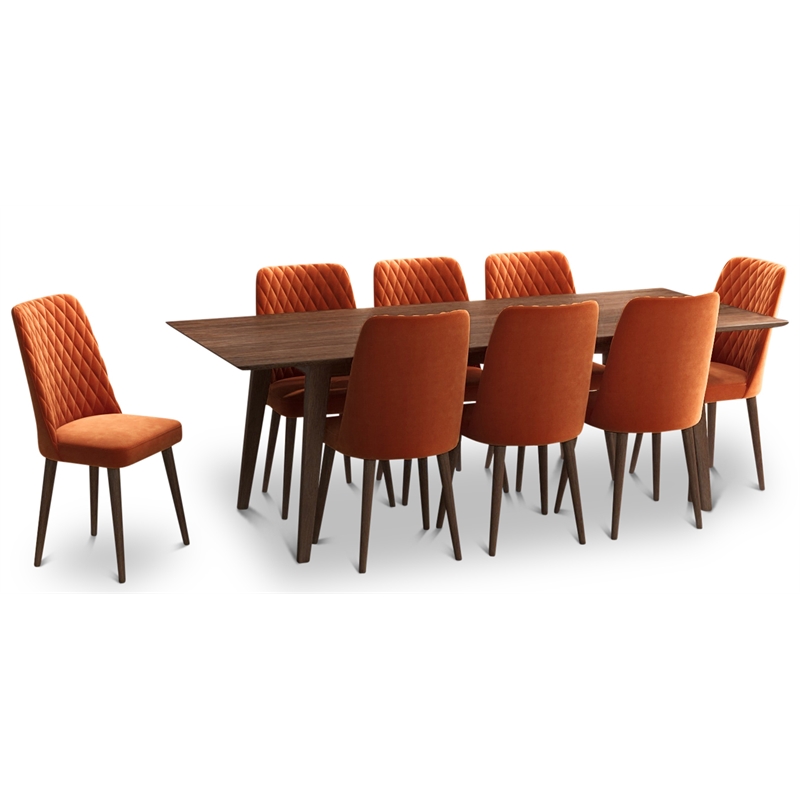 Adem 9-Piece Modern Solid Wood Walnut Dining Room & Kitchen Table and Chair Set