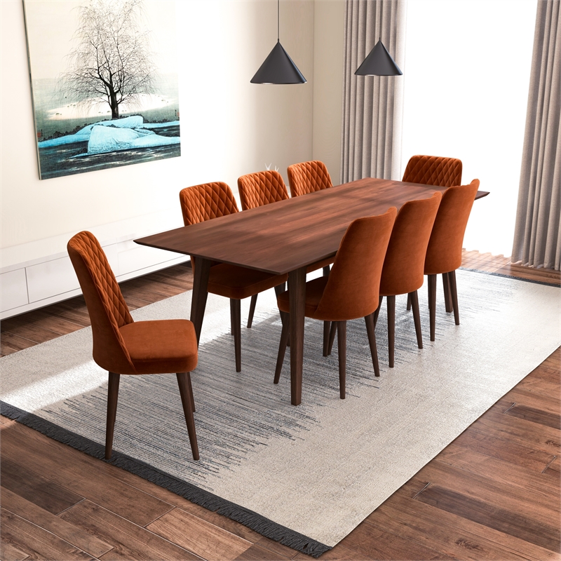 Adem 9-Piece Modern Solid Wood Walnut Dining Room & Kitchen Table and Chair Set