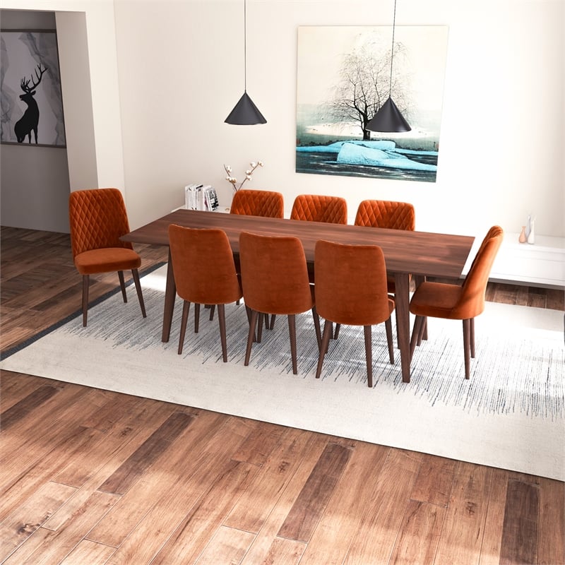 Adem 9-Piece Modern Solid Wood Walnut Dining Room & Kitchen Table and Chair Set