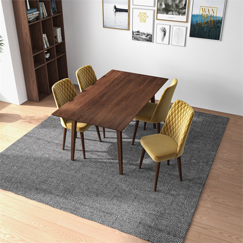 Adaya Modern Solid Wood Walnut Dining Table and 4 Chair Set