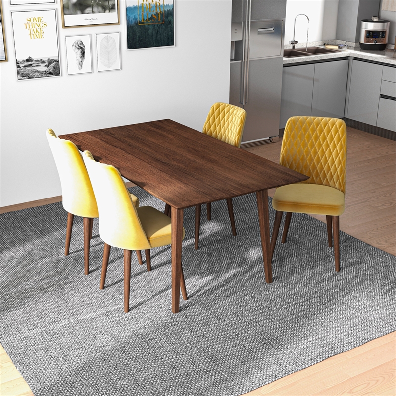Adaya Modern Solid Wood Walnut Dining Table and 4 Chair Set