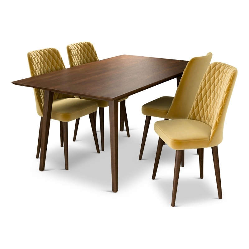 Adaya Modern Solid Wood Walnut Dining Table and 4 Chair Set