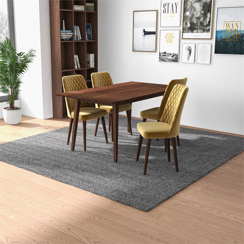 Adaya Modern Solid Wood Walnut Dining Table and 4 Chair Set